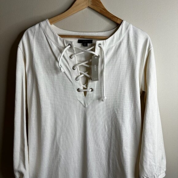 J Crew Shirt Dress Sz XS Ivory Lace Up Balloon Sleeve Cotton Boho Coastal Preppy - Picture 2 of 13